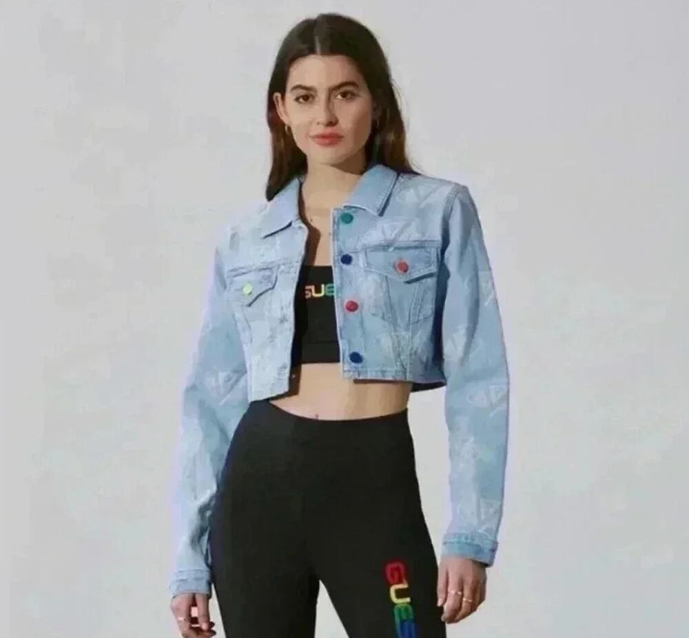 GUESS x J Balvin Cropped Denim Jacket Colored Buttons sz XS